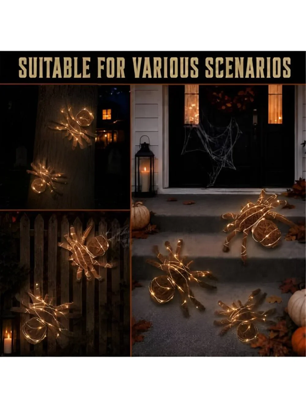 3 Pcs Halloween Rattan Woven Fake Spider Decor with String Lights
